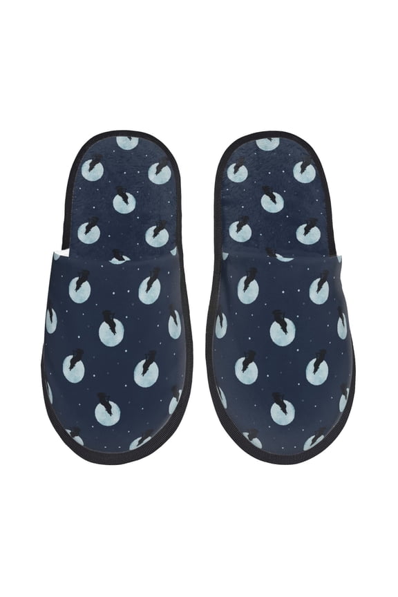 Wolf And Moon Pattern Fuzzy Slippers Fuzzy Soft House Slippers Plush Furry Warm Cozy Open Toe Fluffy Home Shoes-Large