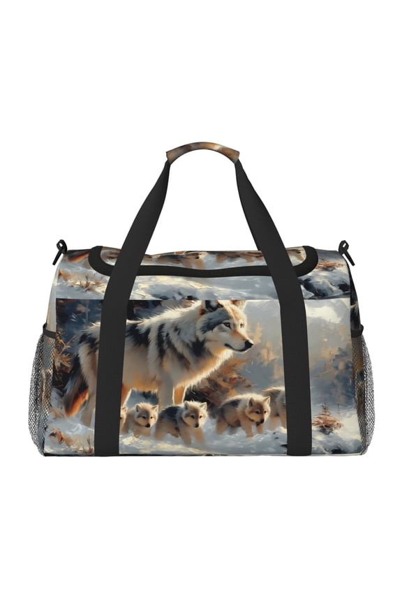 Wolf Family Winter Wonderland Pattern Gym Bag for Women, Duffle Bag for Travel with Wet Pocket, Carry on Weekender Bags for Women, Water Resistant Travel Bag Duffel Bag