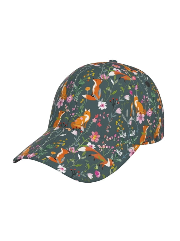 Wolf Fox In Flower Forest Pattern Mens Baseball Cap Adjustable Curved Brim Hat, Soft Cotton Sports Cap for Outdoor, Casual, and Everyday Wear, Comfortable & Breathable