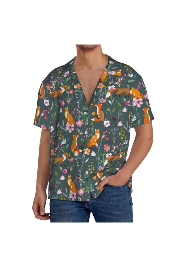 Wolf Fox In Flower Forest Print Mens Front Pocket Hawaiian Shirts Casual Shirts Short Sleeve Button Down Beach Tropical Shirts-Small