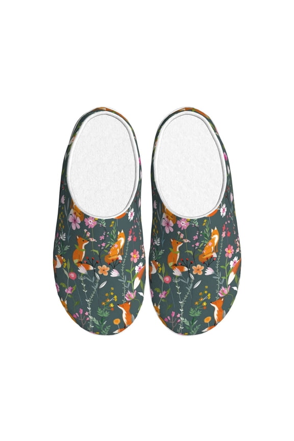 Wolf Fox In Flower Forest Print Women's Men's Cotton Knit Slippers Lightweight Memory Foam Indoor House Shoes with Anti-Skid Sole-44/45