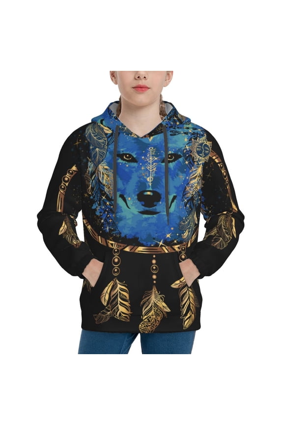 Wolf Head And Dreamcatcher Pattern Boys Hoodie, Youth Pullover Hooded Sweatshirt, Kangaroo Pocket Hoodie for Kids-Medium