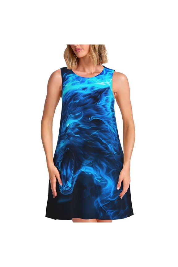 Wolf Pattern Women’s Sleeveless Dress,Casual Summer Dress,A-line Sleeveless Dress Versatile Summer Dress Stylish Day Dress