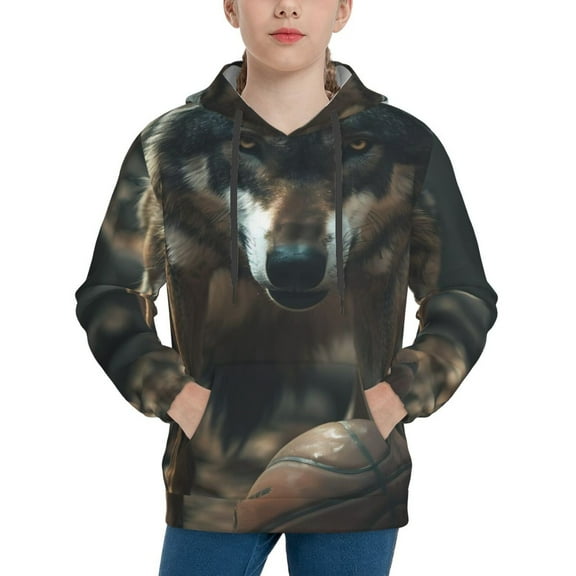 Rateoe Wolf With Basketball Pattern Boys Hoodie, Youth Pullover Hooded Sweatshirt, Kangaroo Pocket Hoodie for Kids-X-Large