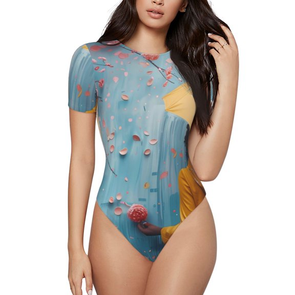 Rateoe Woman Under Blossoming Tree Printed Women Rash Guard Short Sleeve,Tummy control Swimsuit Surfing Swimsuit Bathing Suit Short-sleeved Onesie UPF 50+ -X-Large