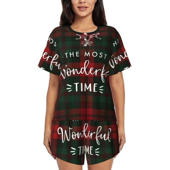 Rateoe Wonderful Time Christmas Pattern Women's Short-Sleeved Pajama Set - 2 Piece Soft and Lightweight Sleepwear Set-X-Large