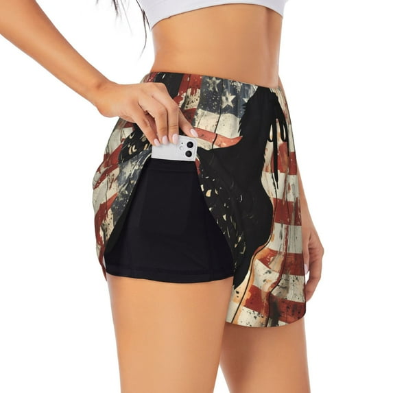 Rateoe Wood Grain Bald Eagle Printed 2 in 1 Women's Workout Shorts for Athletic Gym Running Shorts with Phone Pockets-Medium