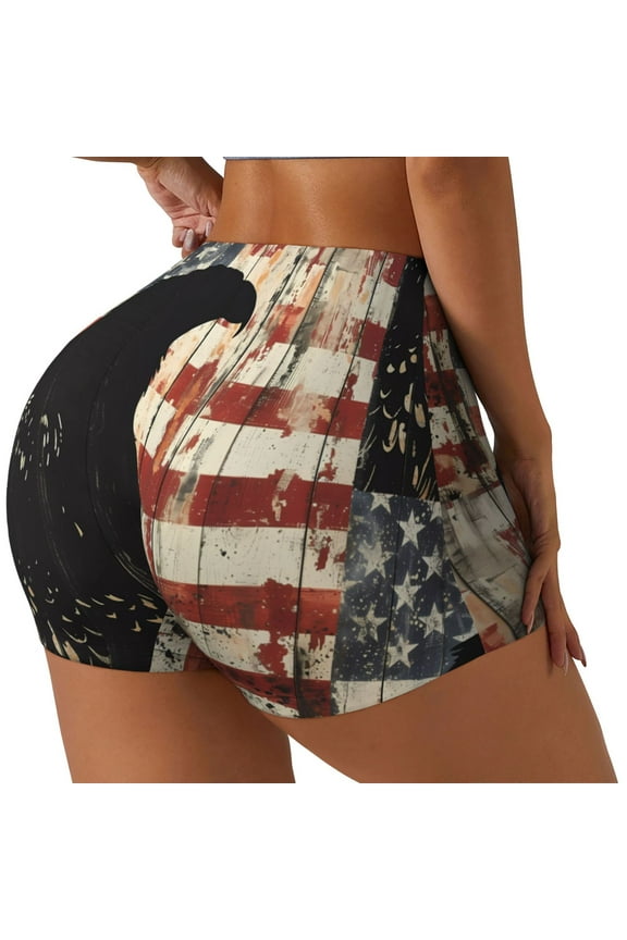 Wood Grain Bald Eagle Printed Power Workout Shorts for Women Tummy Control Squat Proof Ribbed Thick Seamless Scrunch Active Short-Medium