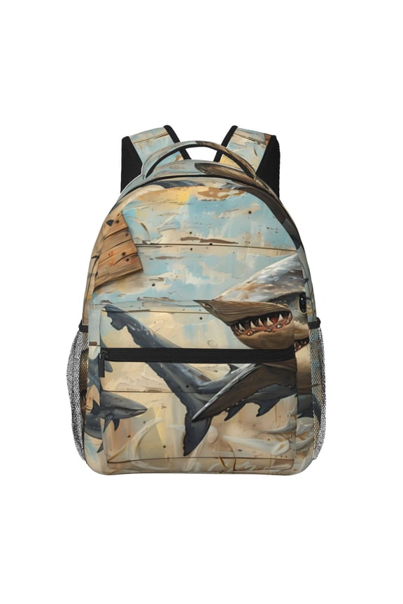 Wood Grain Shark Pattern Casual Backpack for School, Work, Travel Adjustable Straps, Multiple Compartments Ergonomic Design, Fits Laptops and Tablets