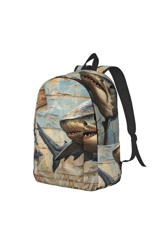 Wood Grain Shark Pattern Durable Canvas Backpack for Men & Women – Stylish & Lightweight – Adjustable Straps, Multiple Pockets – Fits 15-17 Inch LaptopsSmall
