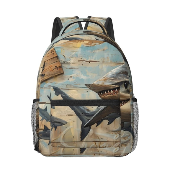 Rateoe Wood Grain Shark Pattern Durable Student Backpack Laptop Bag- Ergonomic Design, Waterproof Twill Fabric - Ideal for School, Travel, and Outdoor Activities