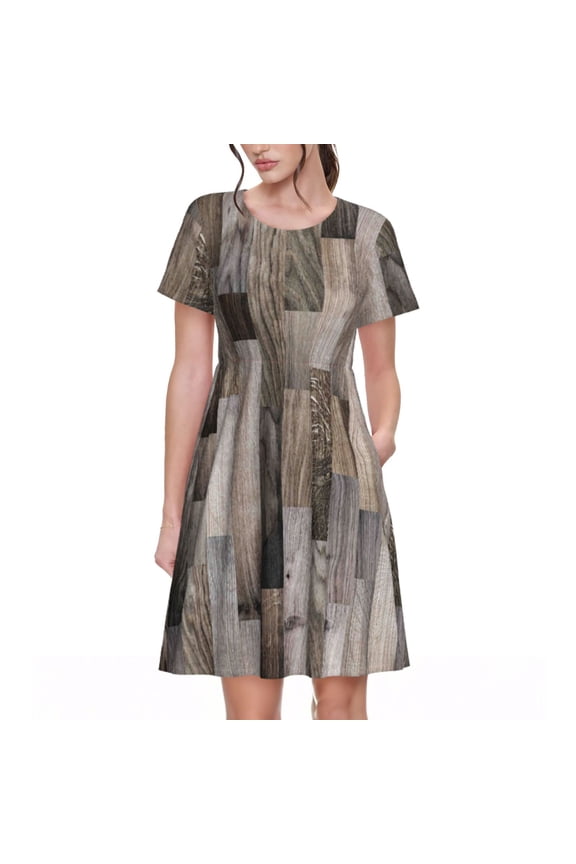 Wooden Texture Pattern Women’s Short Sleeve Dress – Casual Elegant Summer A-Line Dress for Everyday Wear