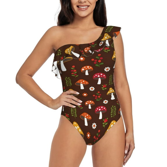 Rateoe Woodland Mushroom Pattern Women One Piece Swimsuits Tummy Control One Shoulder Bathing Suits Ruffle Swimwear-Small