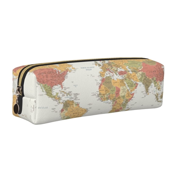 Rateoe World Map 1 Print Leather Pencil Case with Smooth Zipper, Compact Storage for Writing Tools & Art Supplies, 8.26" x 1.96" x 2.16"