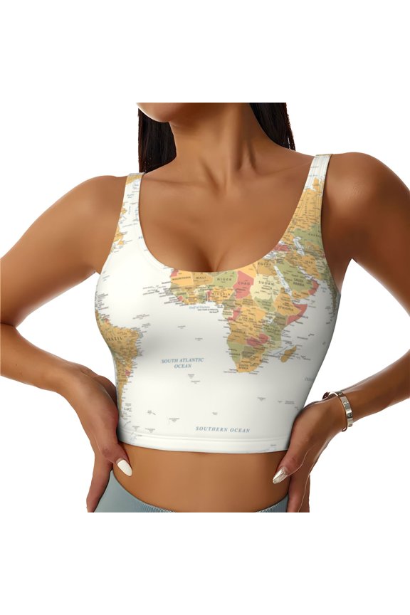World Map 1 Print Womens' Sports Bras Scoop Neck Sports Vest- Padded U Back Seamless High Impact Support-Medium
