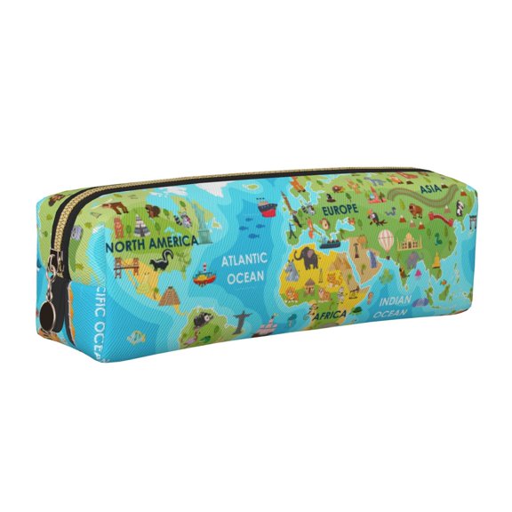Rateoe World Map With Animals Landmarks Print Leather Pencil Case with Smooth Zipper, Compact Storage for Writing Tools & Art Supplies, 8.26" x 1.96" x 2.16"