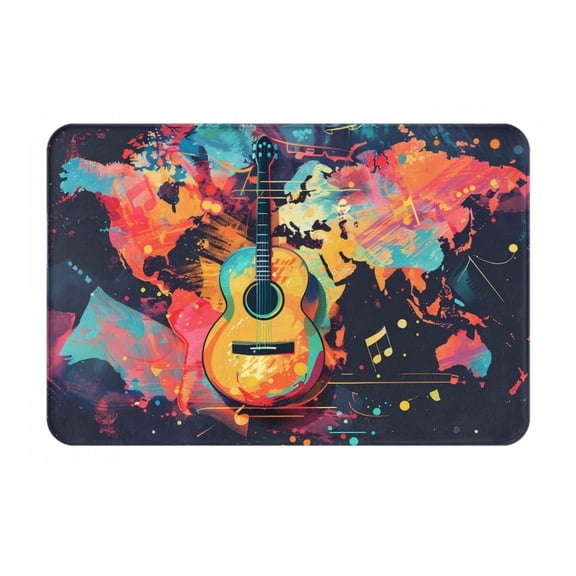 Rateoe World Map Guitar Illustration Pattern Flannel Door Mat Indoor Outdoor Entrance, Waterproof All-Weather Doormat,Fade Resistant, Low Profile Entryway Mat 16x24in
