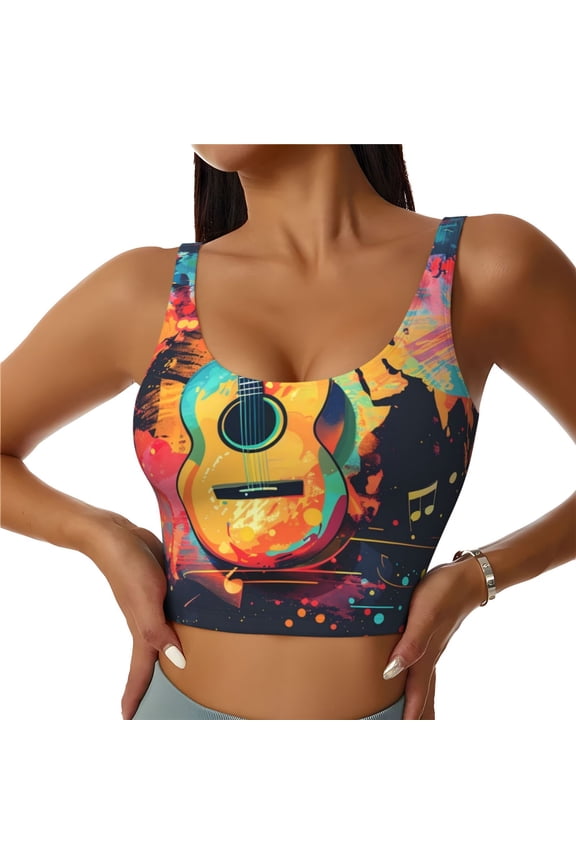 World Map Guitar Illustration Print Womens' Sports Bras Scoop Neck Sports Vest- Padded U Back Seamless High Impact Support-XX-Large