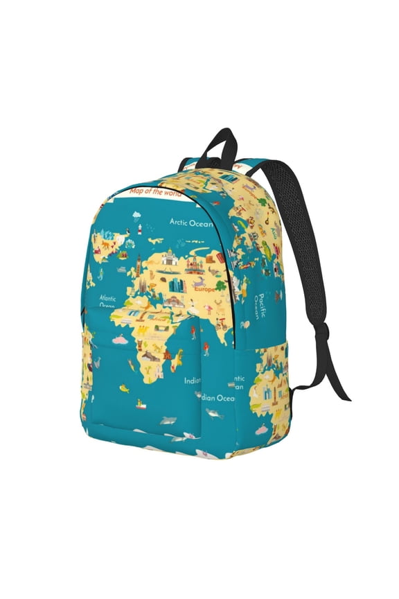 World Map With Landmarks Pattern Durable Canvas Backpack for Men & Women – Stylish & Lightweight – Adjustable Straps, Multiple Pockets – Fits 15-17 Inch LaptopsSmall