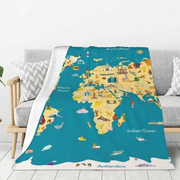 Rateoe World Map With Landmarks Pattern Flannel Throw Blanket, Ultra-soft Blanket for Bed, Couch, Car, Hypoallergenic Anti-pilling blanket-40"x30"(Vertical)