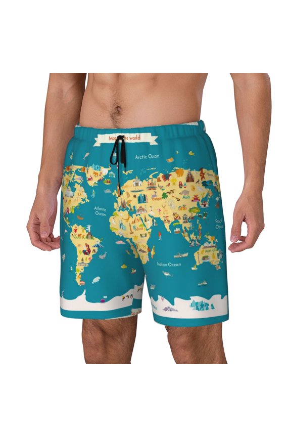 World Map With Landmarks Pattern Men’s Swim Shorts with Compression Liner – Double-Layered Quick-Dry Swimwear, Comfortable & Stretchy Beach Shorts-Large