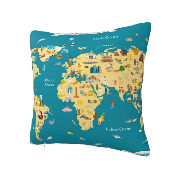 Rateoe World Map With Landmarks Pattern Throw Pillow Cover Premium Pillow Stuffer Sham Square for Decorative Cushion Bed Couch Sofa(Pillow insert not included)