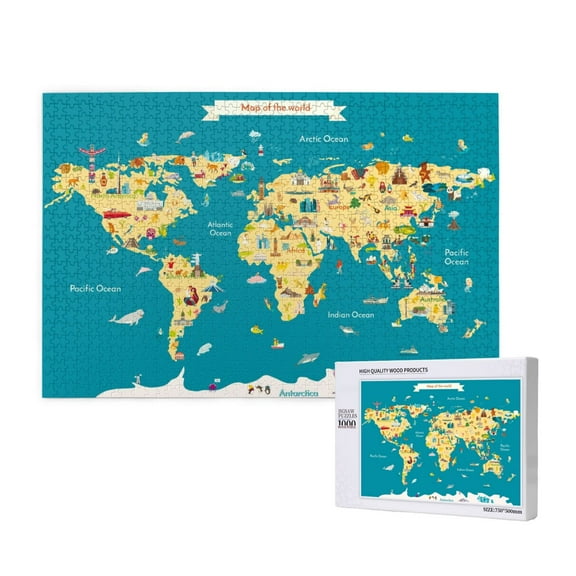 Rateoe World Map With Landmarks Pattern Wooden Picture Puzzle ,1000 Piece Jigsaw Puzzle ,Family Fun Puzzle, Home Dcor Puzzle, Gift Puzzle(Horizontal style)