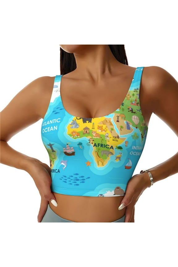 World Map With Animals Landmarks Print Womens' Sports Bras Scoop Neck Sports Vest- Padded U Back Seamless High Impact Support-X-Large