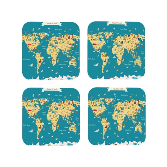 Rateoe World Map With Landmarks Drawing Drink Coasters Set of 4 Leather Coasters Spill Protection for Table Desk,Durable and Non Slip Leather Coaster ,4 Inches Drink Mats-Square