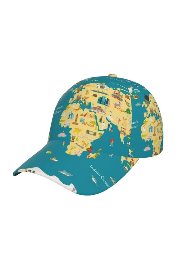World Map With Landmarks Pattern Baseball Cap Outdoor Cap Mountain Dad Hat - Unstructured Soft Cotton Cap-Adjustable UV Protection Cap