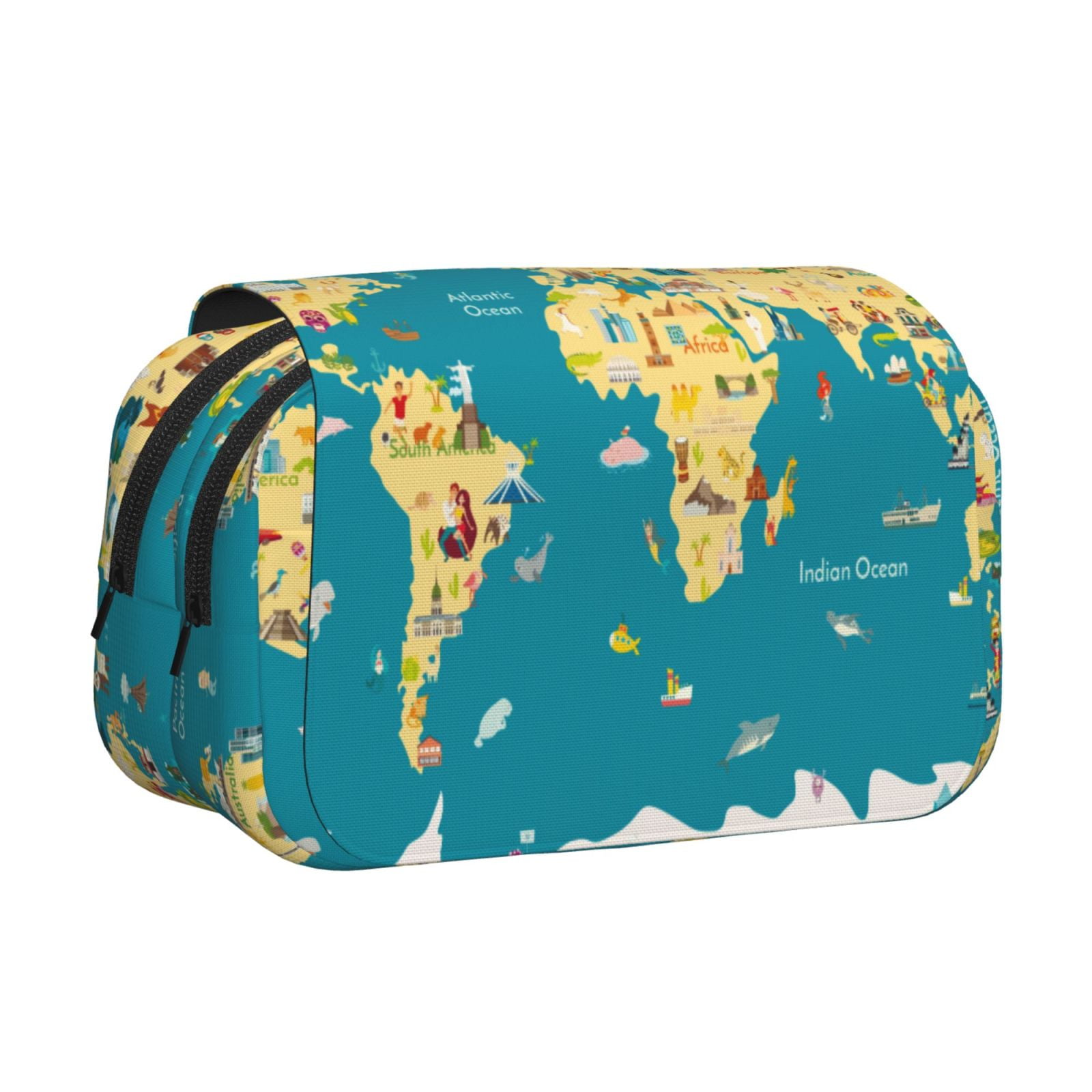 Rateoe World Map With Landmarks Pattern Double Clamshell Pen Case, Storage Organizer with Two Zipper Compartments– Holds Up to 50 Pencils & Pens