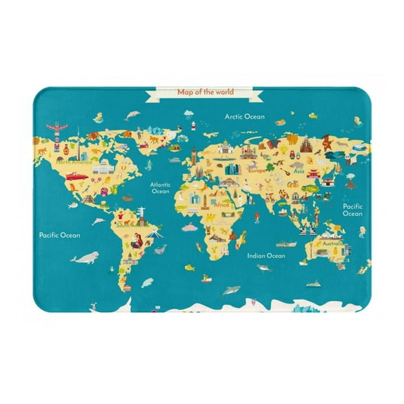 Rateoe World Map With Landmarks Pattern Flannel Door Mat Indoor Outdoor Entrance, Waterproof All-Weather Doormat,Fade Resistant, Low Profile Entryway Mat 16x24in