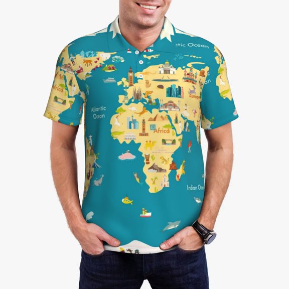 Rateoe World Map With Landmarks Pattern Men's Short Sleeve Polo Shirts, Golf Polo Shirts Short Sleeve Performance Moisture Wicking Dry-Small
