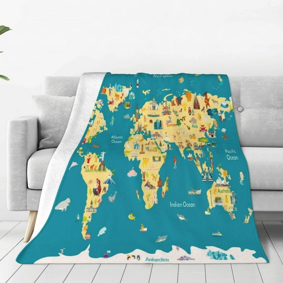 Rateoe World Map With Landmarks Print Fuzzy Fleece Throw Blanket Extra Large,Super Soft,Fluffy and Warm Blankets for Couch,Bed,All Season Use (60"x50")