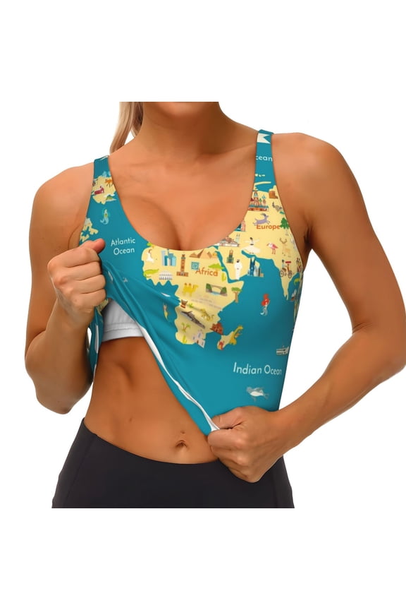 World Map With Landmarks Print Womens' Sports Bras Scoop Neck Sports Vest- Padded U Back Seamless High Impact Support