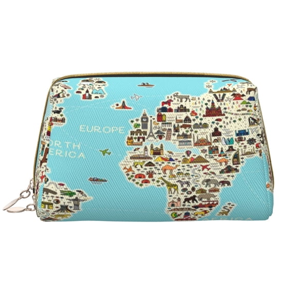 Rateoe World Travel Line Icons Map for Travel Makeup Bag,Large Capacity Cosmetic Bags for Women,Waterproof Portable Pouch Open Flat Toiletry Bag Make up Organizer