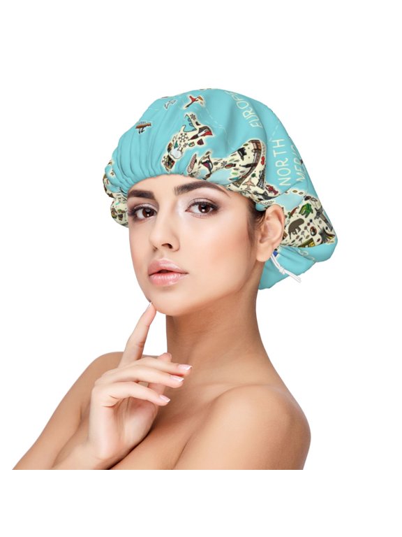 World Travel Line Icons Map Pattern Silk Satin Hair Bonnet for Sleeping, Adjustable Sleep Cap Turban for Women , Curly Straight Hair Long Large Braid