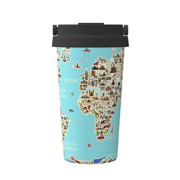 Rateoe World Travel Line Icons Map Pattern Travel Coffee Mug Tumbler with Flip Lid | Reusable Insulated Stainless Steel Cold Brew Iced Coffee Cup Thermos