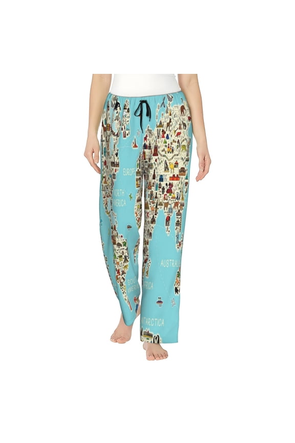 World Travel Line Icons Map Pattern Women’s Ultra-Soft Comfy Pajama Lounge Pants Sleepwear,Comfortable Lounge Wear,lightweight Pajamas, Casual Home Wear-Medium
