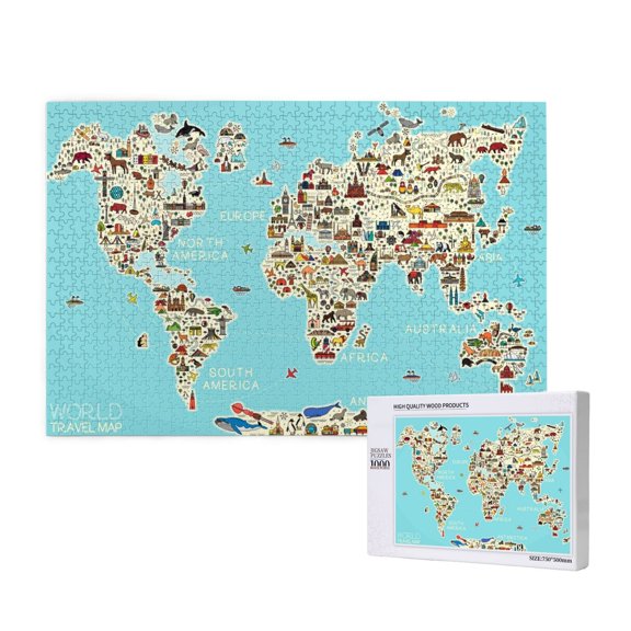 Rateoe World Travel Line Icons Map Pattern Wooden Picture Puzzle ,1000 Piece Jigsaw Puzzle ,Family Fun Puzzle, Home Dcor Puzzle, Gift Puzzle(Horizontal style)