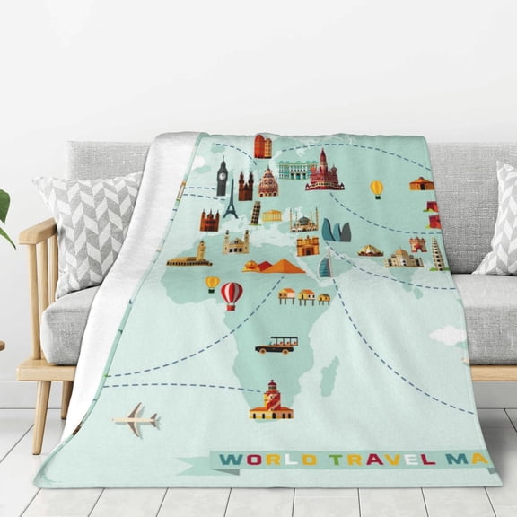 Rateoe World Travel Map Pattern Flannel Throw Blanket, Ultra-soft Blanket for Bed, Couch, Car, Hypoallergenic Anti-pilling blanket-40"x30"(Vertical)