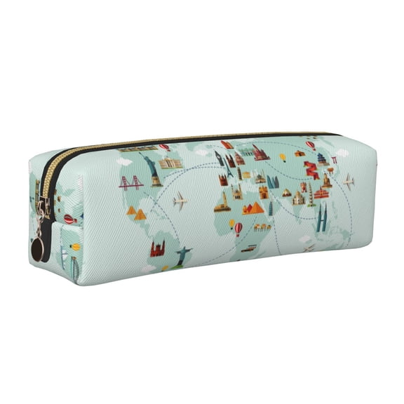 Rateoe World Travel Map Print Leather Pencil Case with Smooth Zipper, Compact Storage for Writing Tools & Art Supplies, 8.26" x 1.96" x 2.16"