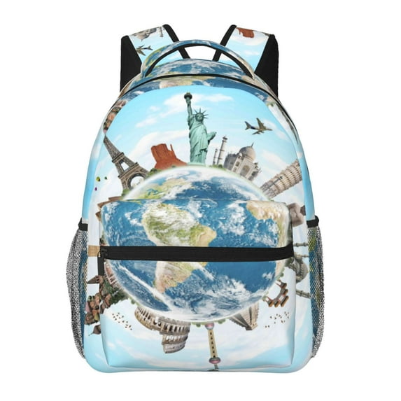 Rateoe World Travel Pattern Casual Backpack for School, Work, Travel – Adjustable Straps, Multiple Compartments – Ergonomic Design, Fits Laptops and Tablets