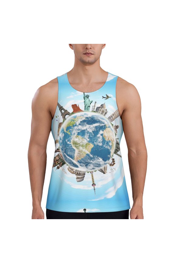 World Travel Pattern Sleeveless Gym Shirt Muscle Tee Breathable Workout Shirt Slim-Fit Tank Quick Dry Fit Muscle Tank Top Bodybuilding Sleeveless T Shirt-Large