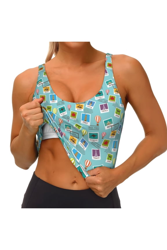 World Travel1 Print Womens' Sports Bras Scoop Neck Sports Vest- Padded U Back Seamless High Impact Support