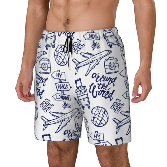 Rateoe World Travel2 Pattern Men’s Swim Shorts with Compression Liner – Double-Layered Quick-Dry Swimwear, Comfortable & Stretchy Beach Shorts-Medium