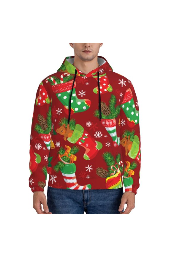 X-mas and New Year Pattern Mens Hoodie, Pullover Hooded Sweatshirt, Kangaroo Pocket Hoodie Ideal for Daily Wear, Travel and Home-Large
