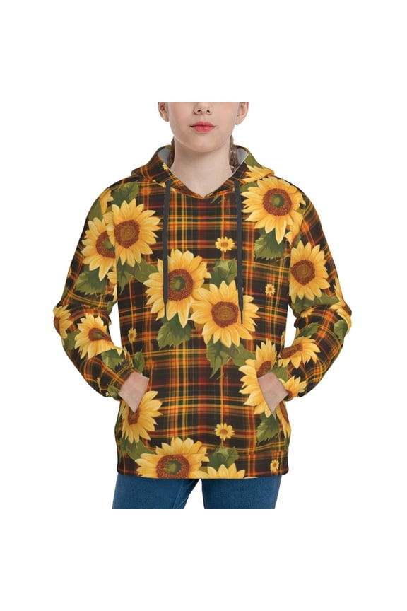 Yellow Black Plaid Sunflower Pattern Boys Hoodie, Youth Pullover Hooded Sweatshirt, Kangaroo Pocket Hoodie for Kids-Large
