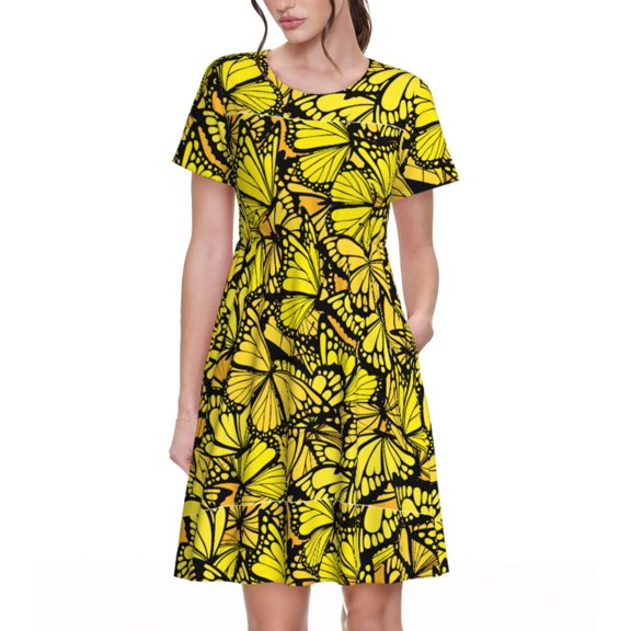 Rateoe Yellow Butterflies Pattern Women’s Short Sleeve Dress – Casual Elegant Summer A-Line Dress for Everyday Wear