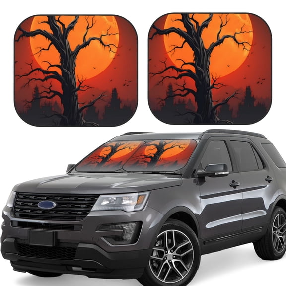 Rateoe Yellow Castle Sunset Tree Pattern 2 Piece Car Windshield Sun Shade Foldable | Front Windshield Shade for Sun, Heat and UV Rays | Sunshade for Car Front Window-Large